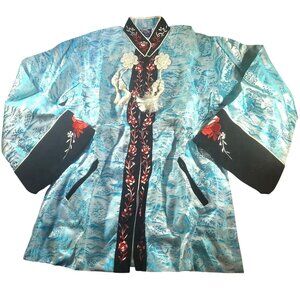 Kimono Jacket Vtg Fuji Japan Embroidered  Robe Blue Black floral cuff collar
